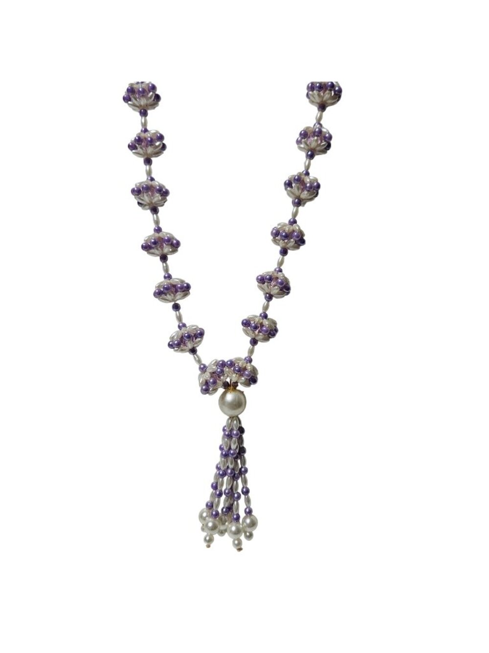 Handmade Faux Pearl Beaded Tassel Necklace Purple Beads Boho Retro Jewelry Women